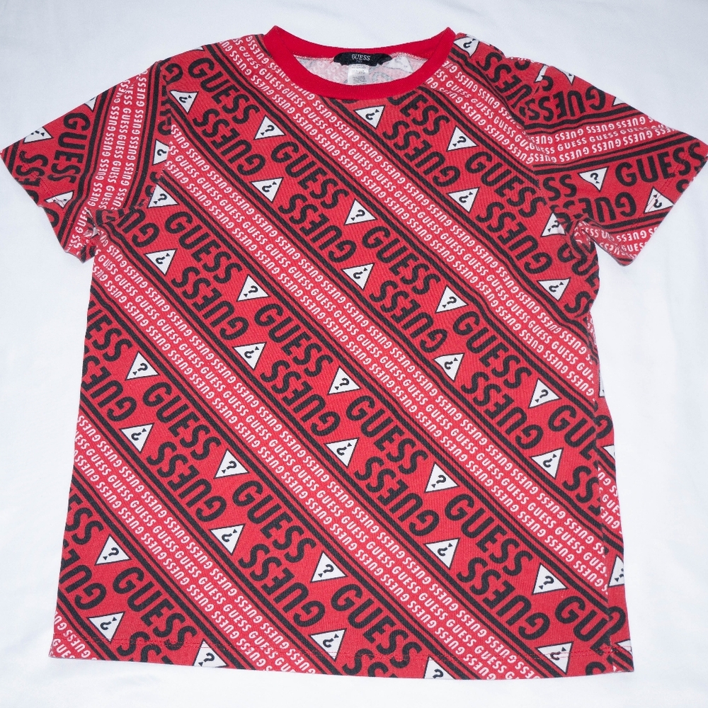 Guess Jeans Kid's Boys Medium (12-14) All Over Print Red Short Sleeve T-Shirt
